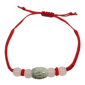 Green Jadeite Glass Beaded Slider Bracelet Red Braided Cord Size 10" Adjustable